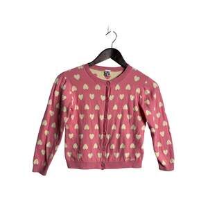 BONTON Kids Pink Lilou Cardigan Size 10 Heart Print Cotton Knit French Girl